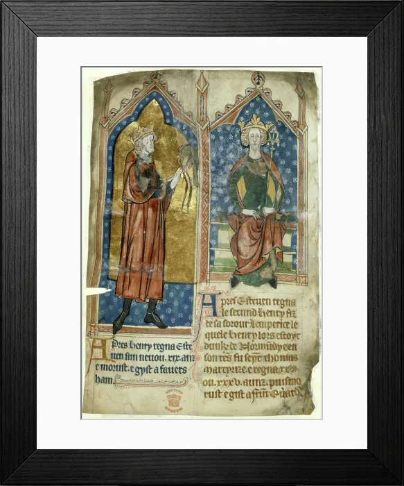 Framed Print : King Stephen standing with a falcon, and King Henry II seated on his throne, c1280-1300. Creator: Unknown Framed Print : King Stephen standing with a falcon, and King Henry II seated on his throne, c1280-1300. Creator: Unknown