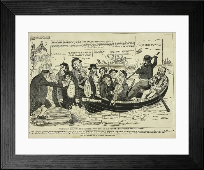 Framed Print : The Ministers and their cronies off to Botany Bay, and the Dorchester men returning, 1834-1835. Creator: Charles Jameson Grant. The Ministers and their cronies off to Botany Bay, and the Dorchester men returning, 1834-1835 Framed Print : The Ministers and their cronies off to Botany Bay, and the Dorchester men returning, 1834-1835. Creator: Charles Jameson Grant. The Ministers and their cronies off to Botany Bay, and the Dorchester men returning, 1834-1835