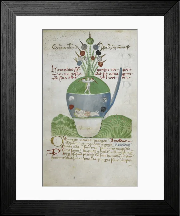 Framed Print : Glass vessel containing figures relating to alchemical experimentation, second half 15th century. Creator: Unknown Framed Print : Glass vessel containing figures relating to alchemical experimentation, second half 15th century. Creator: Unknown
