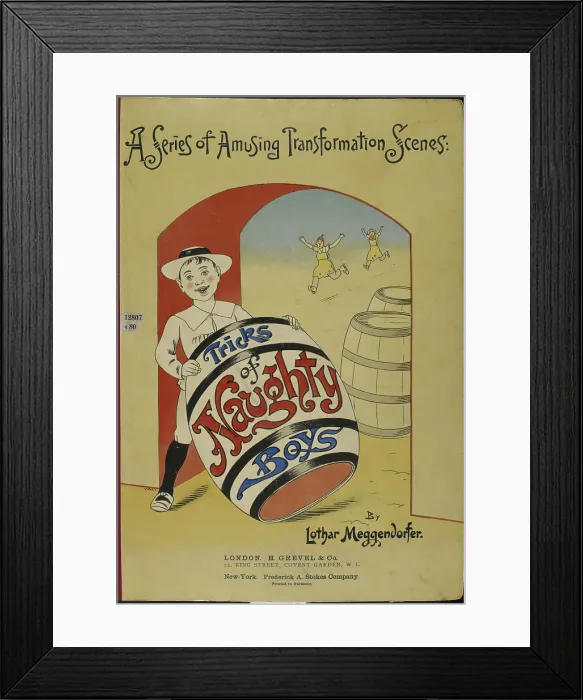 Framed Print : Boy holding a large barrel - book cover, 1900. Creator: Lothar Meggendorfer Framed Print : Boy holding a large barrel - book cover, 1900. Creator: Lothar Meggendorfer