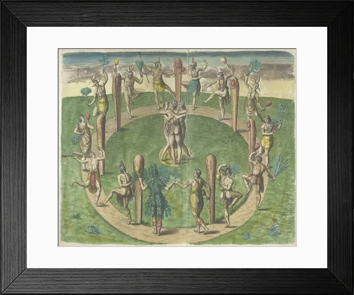 Framed Print : The Virginians manner of dancing at their religious festivals, 1618. Creator: Theodor de Bry Framed Print : The Virginians manner of dancing at their religious festivals, 1618. Creator: Theodor de Bry