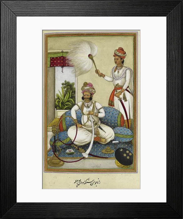 Framed Print : Portrait of Maharana Javan Singh of Udaipur (r.1828-1838), smoking a hookah, 1830. Creator: Anon Framed Print : Portrait of Maharana Javan Singh of Udaipur (r.1828-1838), smoking a hookah, 1830. Creator: Anon