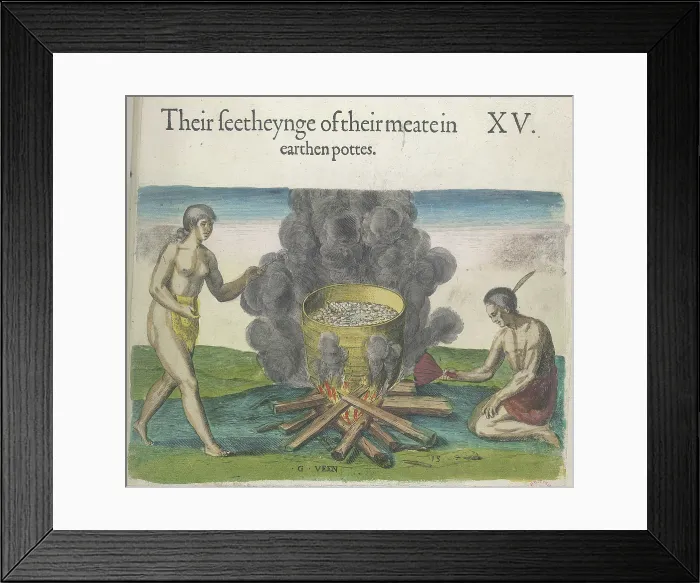 Framed Print : The beauty of the earthenware vessels in which they cook food, 1618. Creators: Theodor de Bry, John White Framed Print : The beauty of the earthenware vessels in which they cook food, 1618. Creators: Theodor de Bry, John White