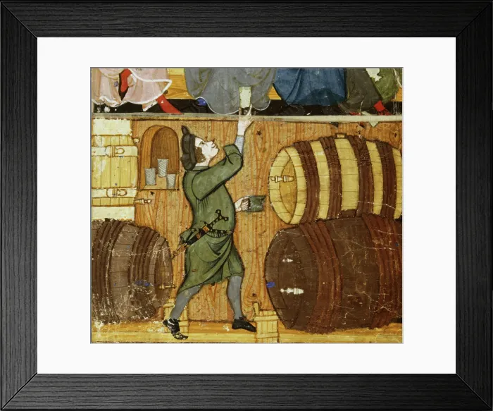 Framed Print : Cellarer and barrels, late 14th century. Creator: The Monk of Hyeres Framed Print : Cellarer and barrels, late 14th century. Creator: The Monk of Hyeres