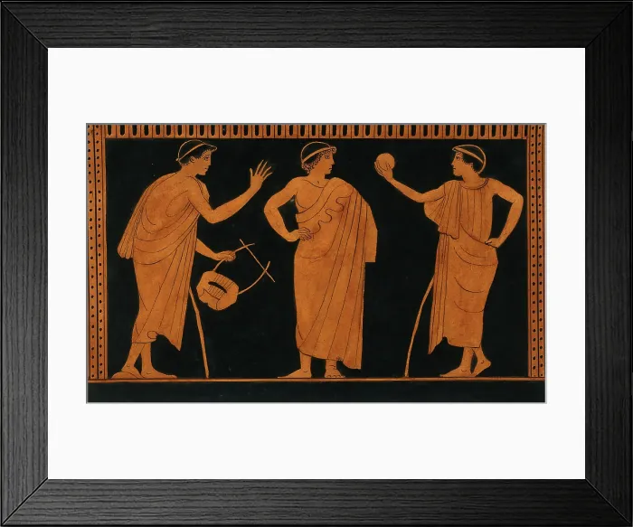 Framed Print : Detail of decoration of a red-figured Greek vessel showing three youths, one holding... 1760-9. Creator: Augustin Dahlsteen Framed Print : Detail of decoration of a red-figured Greek vessel showing three youths, one holding... 1760-9. Creator: Augustin Dahlsteen