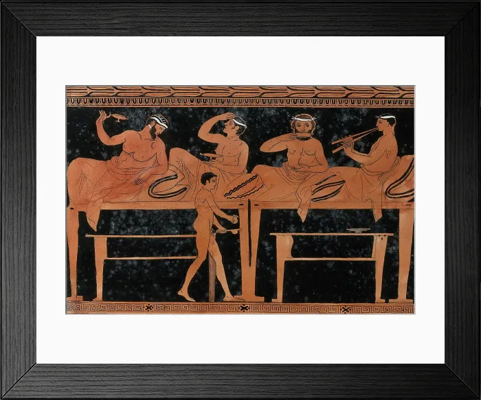 Framed Print : An episode on a Greek red-figured wine-mixing bowl (bell-krater): four reclining... 1760-9. Creator: Augustin Dahlsteen Framed Print : An episode on a Greek red-figured wine-mixing bowl (bell-krater): four reclining... 1760-9. Creator: Augustin Dahlsteen