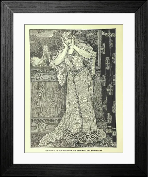 Framed Print : The dragon of the great Pendragonship blaze, making all the night a stream of fire, 1898. Creator: Louis John Rhead Framed Print : The dragon of the great Pendragonship blaze, making all the night a stream of fire, 1898. Creator: Louis John Rhead