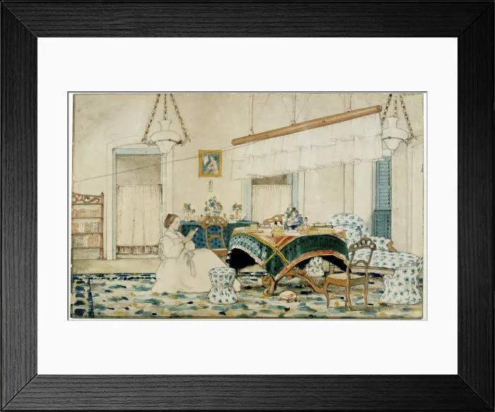Framed Print : A woman reading under a punkah, 1863. Creator: Unknown Framed Print : A woman reading under a punkah, 1863. Creator: Unknown