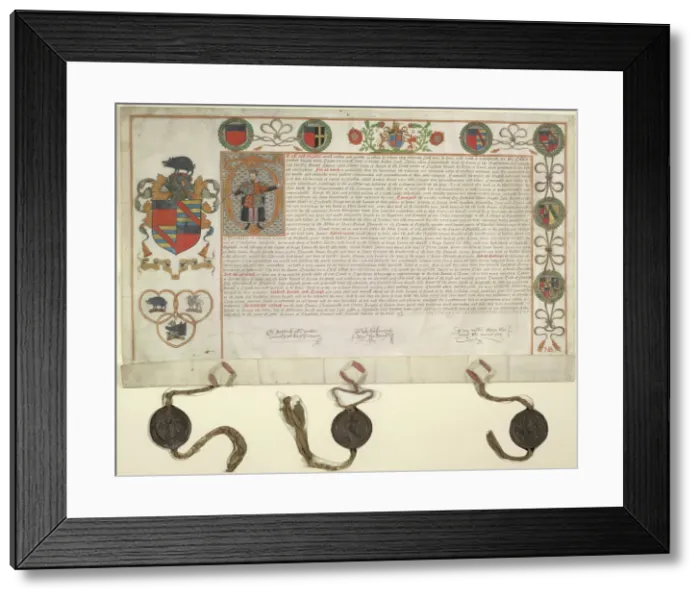 Framed Print : Grant of arms to Sir Nicholas Bacon, 1569. Creator: Unknown Framed Print : Grant of arms to Sir Nicholas Bacon, 1569. Creator: Unknown
