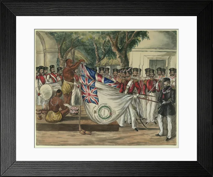 Framed Print : Hindu priest garlanding the flags of the 35th Bengal Light Infantry, c1847. Creator: Unknown Framed Print : Hindu priest garlanding the flags of the 35th Bengal Light Infantry, c1847. Creator: Unknown