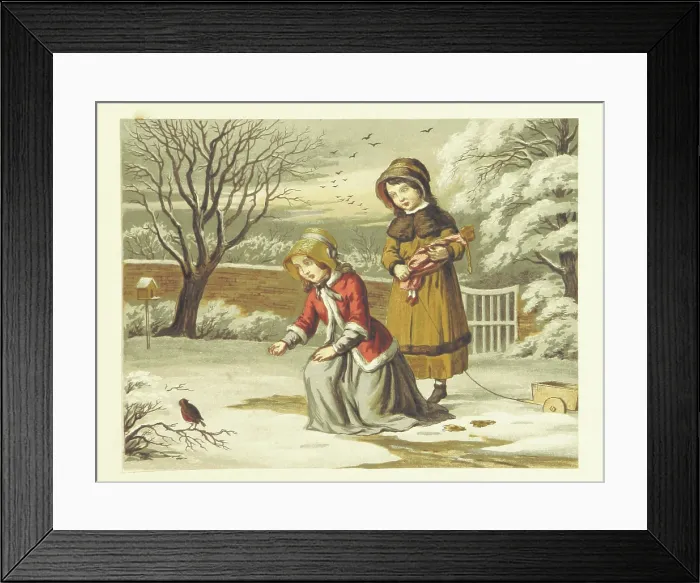 Framed Print : Two girls with a robin, 1853. Creator: Unknown Framed Print : Two girls with a robin, 1853. Creator: Unknown