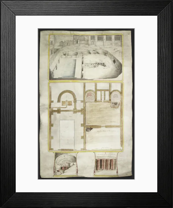 Framed Print : View and plans of the Roman baths at Bath, co. Somerset... 1762. Creator: William Hoare Framed Print : View and plans of the Roman baths at Bath, co. Somerset... 1762. Creator: William Hoare