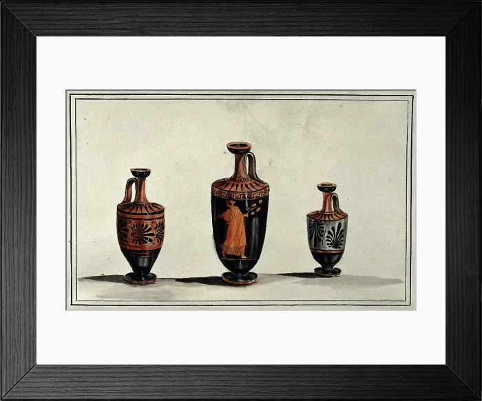 Framed Print : Three Greek wine-jugs (oinochoes); left and right vases decorated with palms; middle... 1760-1769. Creator: Augustin Dahlsteen Framed Print : Three Greek wine-jugs (oinochoes); left and right vases decorated with palms; middle... 1760-1769. Creator: Augustin Dahlsteen