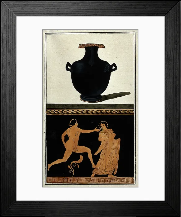 Framed Print : Above, a black Greek water-jug (hydria); below, detail of decoration showing a naked... 1760-69. Creator: Augustin Dahlsteen