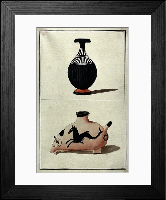 Framed Print : Above, a black Greek vase (perfume bottle?); below, vessel in the form of an animal, 1760-1769. Creator: Augustin Dahlsteen Framed Print : Above, a black Greek vase (perfume bottle?); below, vessel in the form of an animal, 1760-1769. Creator: Augustin Dahlsteen