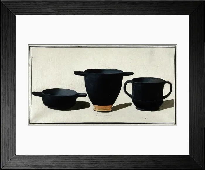 Framed Print : Black Greek drinking cups; left, shallow cup with horizontal handles; middle, tall cup... 1760-9. Creator: Augustin Dahlsteen Framed Print : Black Greek drinking cups; left, shallow cup with horizontal handles; middle, tall cup... 1760-9. Creator: Augustin Dahlsteen
