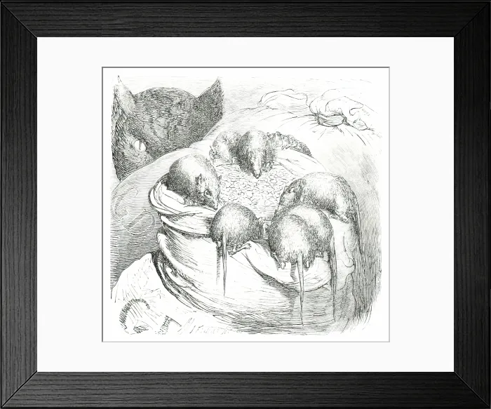 Framed Print : Cat watching rodents eating grain, 1860. Creator: Unknown Framed Print : Cat watching rodents eating grain, 1860. Creator: Unknown