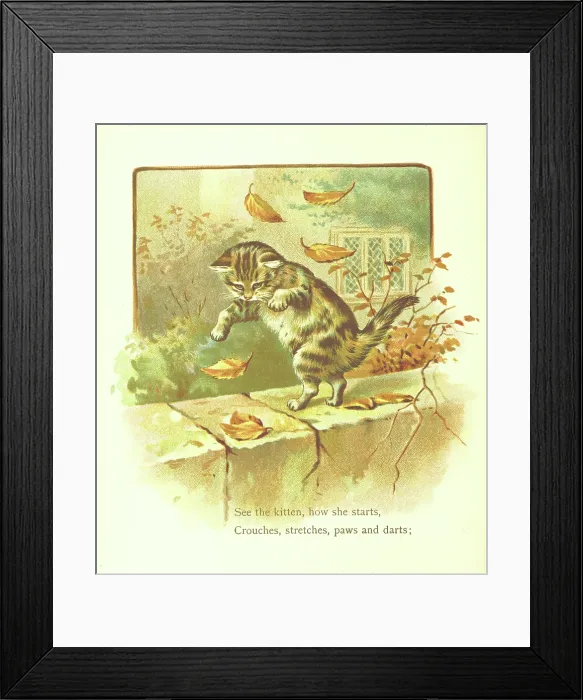 Framed Print : See the kitten, how she starts, Crouches, stretches, paws and darts, 1893. Creator: Jessie Hall Framed Print : See the kitten, how she starts, Crouches, stretches, paws and darts, 1893. Creator: Jessie Hall