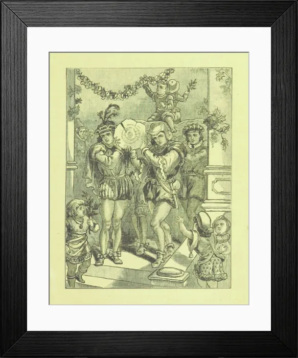 Framed Print : Bringing in the Yule Log, 1885. Creator: Henry G. Wells Framed Print : Bringing in the Yule Log, 1885. Creator: Henry G. Wells