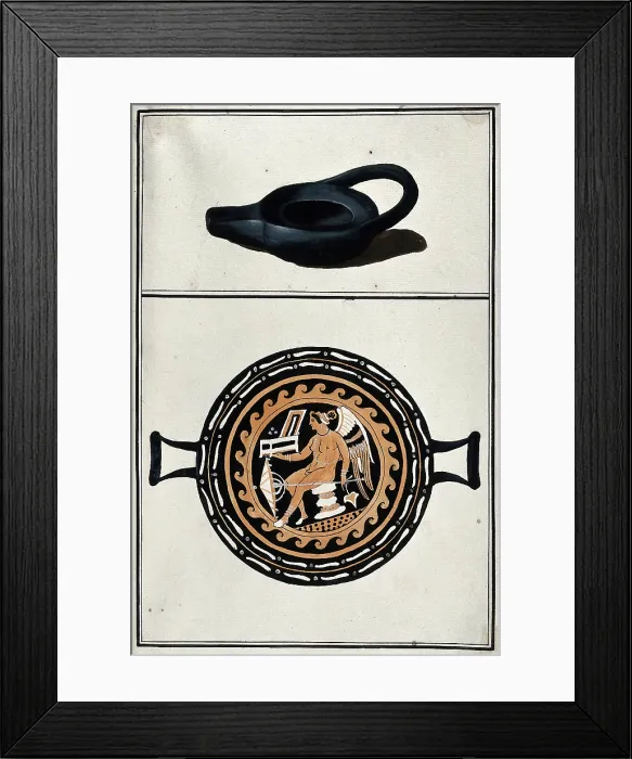 Framed Print : Above, black lamp; below, drinking vessel with two handles, decorated with a winged... 1760-9. Creator: Augustin Dahlsteen Framed Print : Above, black lamp; below, drinking vessel with two handles, decorated with a winged... 1760-9. Creator: Augustin Dahlsteen