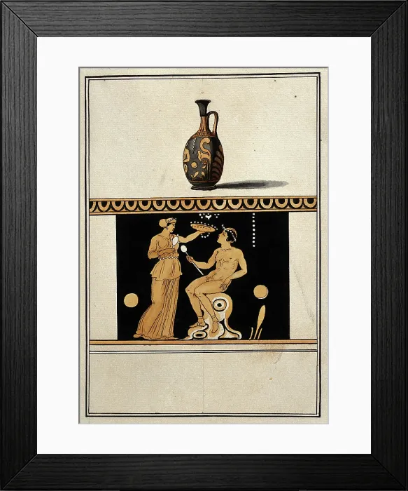 Framed Print : Above, red-figured Greek perfume vessel (lekythos) decorated with figures and a palm... 1760-9. Creator: Augustin Dahlsteen Framed Print : Above, red-figured Greek perfume vessel (lekythos) decorated with figures and a palm... 1760-9. Creator: Augustin Dahlsteen