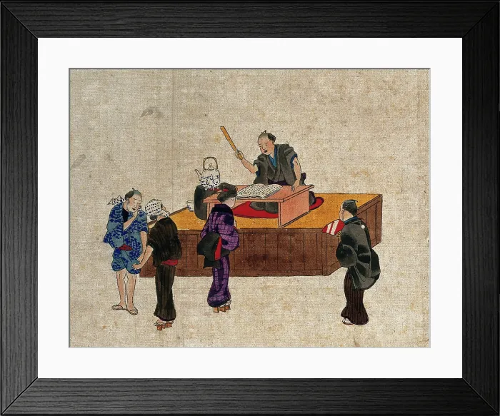 Framed Print : A man sits at a table on a platform reciting from a book, while three... (between 1800 and 1899?). Creator: Unknown Framed Print : A man sits at a table on a platform reciting from a book, while three... (between 1800 and 1899?). Creator: Unknown