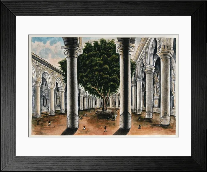 Framed Print : A large colonnade at Courtallum, Tamil Nadu, (between 1800 and 1899?). Creator: Unknown Framed Print : A large colonnade at Courtallum, Tamil Nadu, (between 1800 and 1899?). Creator: Unknown