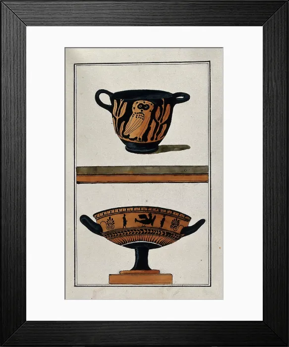 Framed Print : Above, black ground two-handled red-coloured Greek cup (kylix) decorated with an owl... 1760-9. Creator: Augustin Dahlsteen Framed Print : Above, black ground two-handled red-coloured Greek cup (kylix) decorated with an owl... 1760-9. Creator: Augustin Dahlsteen