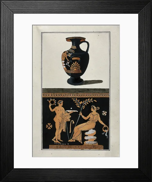 Framed Print : Above, red-figured Greek water jar (hydria); below, detail of decoration showing a seated... 1760-9 Creator: Augustin Dahlsteen Framed Print : Above, red-figured Greek water jar (hydria); below, detail of decoration showing a seated... 1760-9 Creator: Augustin Dahlsteen