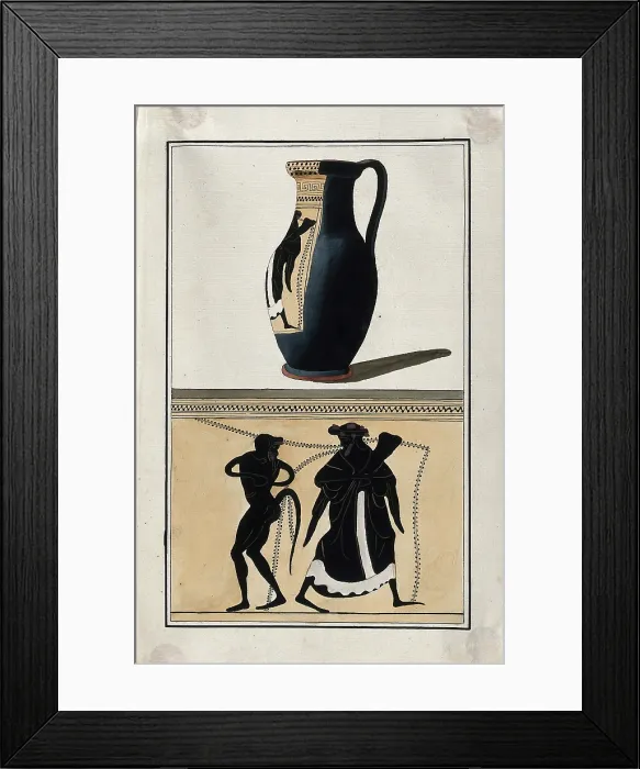 Framed Print : Above, black-figured Greek wine jug (oinochoe); below, detail of decoration showing a man... 1760-9 Creator: Augustin Dahlsteen Framed Print : Above, black-figured Greek wine jug (oinochoe); below, detail of decoration showing a man... 1760-9 Creator: Augustin Dahlsteen