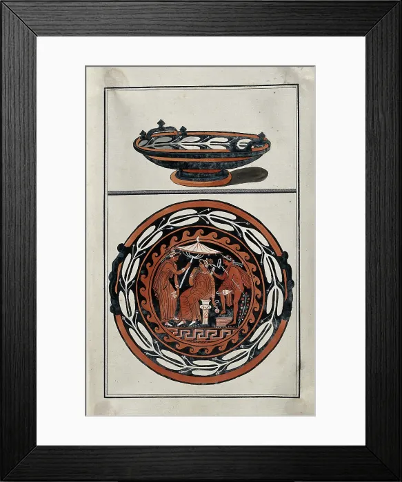 Framed Print : Above, red-figured Greek cup (kylix?); below, detail of decoration showing an outdoor... 1760-9. Creator: Augustin Dahlsteen Framed Print : Above, red-figured Greek cup (kylix?); below, detail of decoration showing an outdoor... 1760-9. Creator: Augustin Dahlsteen