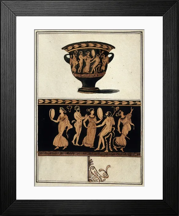 Framed Print : Above, a red-figured Greek wine bowl (krater); below, detail of the decoration showing....1760-9. Creator: Augustin Dahlsteen Framed Print : Above, a red-figured Greek wine bowl (krater); below, detail of the decoration showing....1760-9. Creator: Augustin Dahlsteen