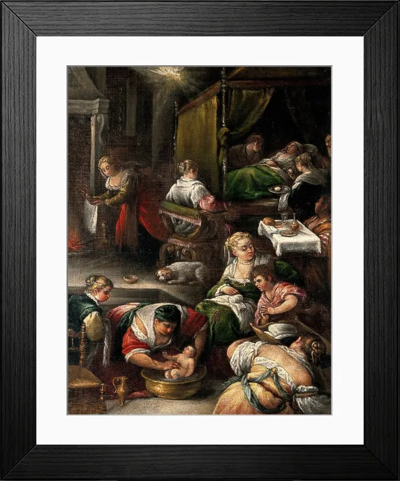 Framed Print : The birth of the Virgin. Creator: Bassano, Francesco da Ponte, 1549-1592 (Follower of) Framed Print : The birth of the Virgin. Creator: Bassano, Francesco da Ponte, 1549-1592 (Follower of)