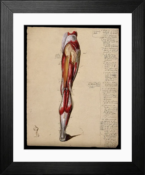 Framed Print : Muscles of the leg and foot: back view, with thumbnail ink sketch of walking figure, 1800-1899. Creator: Unknown Framed Print : Muscles of the leg and foot: back view, with thumbnail ink sketch of walking figure, 1800-1899. Creator: Unknown
