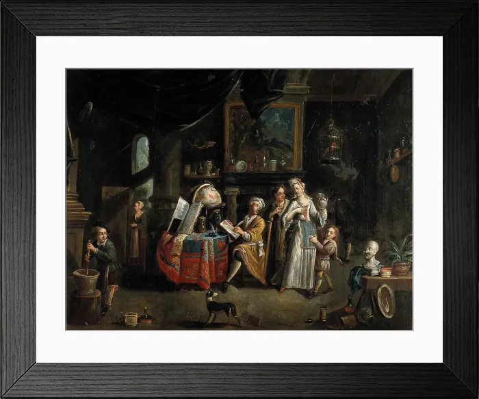 Framed Print : Interior with a medical practitioner, a woman holding a flask, and five other people. Creator: Balthasar van den Bossche Framed Print : Interior with a medical practitioner, a woman holding a flask, and five other people. Creator: Balthasar van den Bossche