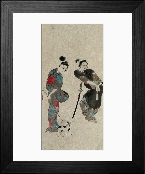 Framed Print : A Japanese woman taking a dog for a walk compared with an effeminate samurai, between 1800 and 1899. Creator: Unknown Framed Print : A Japanese woman taking a dog for a walk compared with an effeminate samurai, between 1800 and 1899. Creator: Unknown