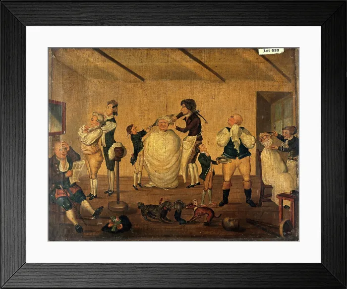 Framed Print : A barber's shop, 1784. Creator: Bunbury, Henry William, 1750-1811 (After). A barber's shop, 1784. Creator: Bunbury, Henry William, 1750-1811 (After) Framed Print : A barber's shop, 1784. Creator: Bunbury, Henry William, 1750-1811 (After). A barber's shop, 1784. Creator: Bunbury, Henry William, 1750-1811 (After)