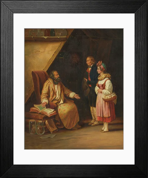 Framed Print : A young couple visit a savant who consults ancient volumes in order to provide counselling...(1833?) Creator: Edouard Pingret Framed Print : A young couple visit a savant who consults ancient volumes in order to provide counselling...(1833?) Creator: Edouard Pingret