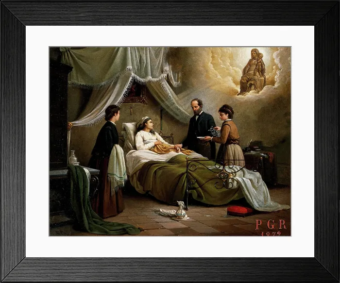 Framed Print : A woman in bed in a sick-room, attended by a physician, receiving the blessing of the... 1872. Creators: Unknown, R Pistoni Framed Print : A woman in bed in a sick-room, attended by a physician, receiving the blessing of the... 1872. Creators: Unknown, R Pistoni