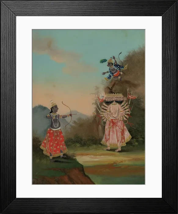 Framed Print : Rama (left) and Hanuman (above, right) fighting the demon Ravana (right). Creator: Unknown Framed Print : Rama (left) and Hanuman (above, right) fighting the demon Ravana (right). Creator: Unknown