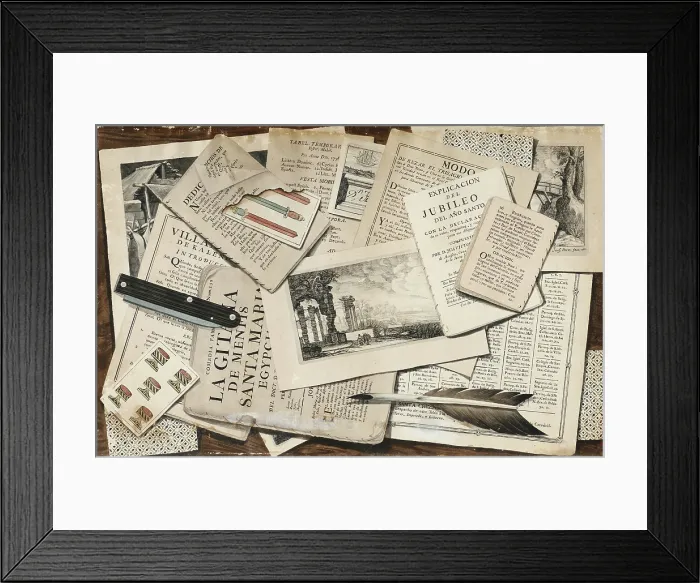 Framed Print : Table with messy papers, 1782. Creator: Perez Ruano, Jose (1750-1810)