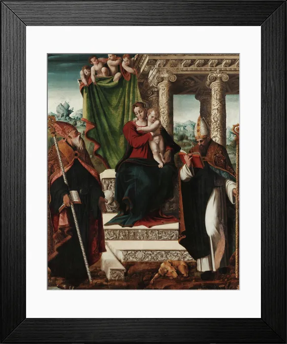 Framed Print : Madonna and Child with Saints Augustine and Bernard, c1535. Creator: Giordano, Stefano (active Mid of 16th cen.) Framed Print : Madonna and Child with Saints Augustine and Bernard, c1535. Creator: Giordano, Stefano (active Mid of 16th cen.)