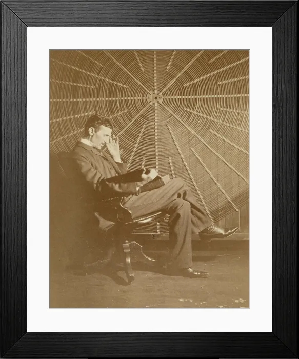 Framed Print : Nikola Tesla and his spiral oscillating transformer, 1896. Creator: Anonymous Framed Print : Nikola Tesla and his spiral oscillating transformer, 1896. Creator: Anonymous
