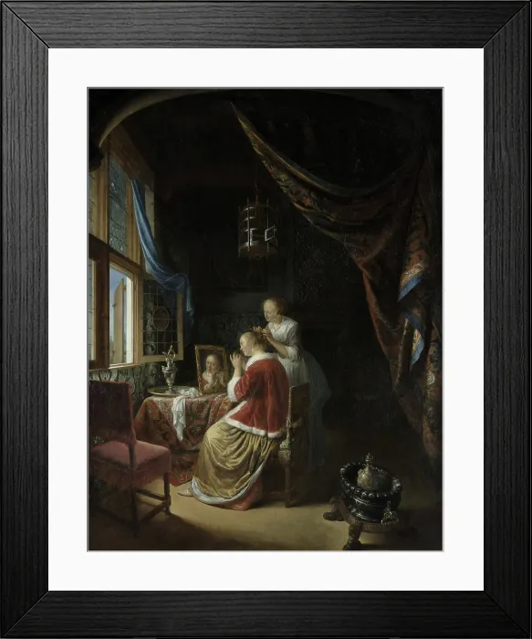 Framed Print : Woman at her Toilet, 1667. Creator: Dou, Gerard (Gerrit) (1613-1675) Framed Print : Woman at her Toilet, 1667. Creator: Dou, Gerard (Gerrit) (1613-1675)