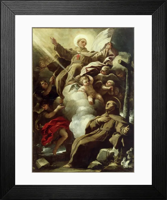 Framed Print : Saint John of Capistrano in glory appears to Saint Peter of Alcantara, 1690s. Creator: Giordano, Luca (1632-1705) Framed Print : Saint John of Capistrano in glory appears to Saint Peter of Alcantara, 1690s. Creator: Giordano, Luca (1632-1705)