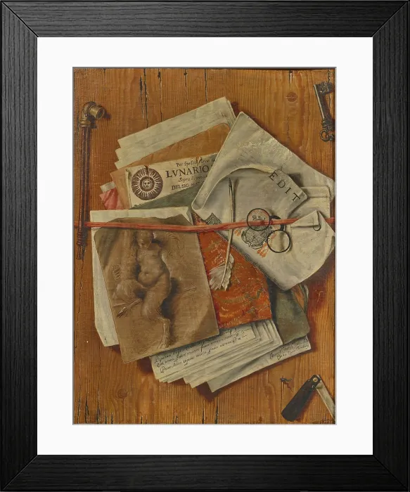 Framed Print : Trompe-l'oeil with papers, knife and pipe. Creator: Bordoni, Egidio Maria (active 1695-1723). Trompe-l'oeil with papers, knife and pipe