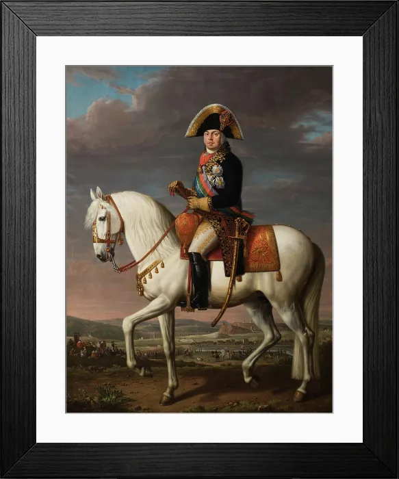 Framed Print : Equestrian Portrait of Dom John VI (1767-1826), King of Portugal, Brazil and the Algarves. Creator: Delerive, Nicolas-Louis-Albert (1755-1818) Framed Print : Equestrian Portrait of Dom John VI (1767-1826), King of Portugal, Brazil and the Algarves. Creator: Delerive, Nicolas-Louis-Albert (1755-1818)