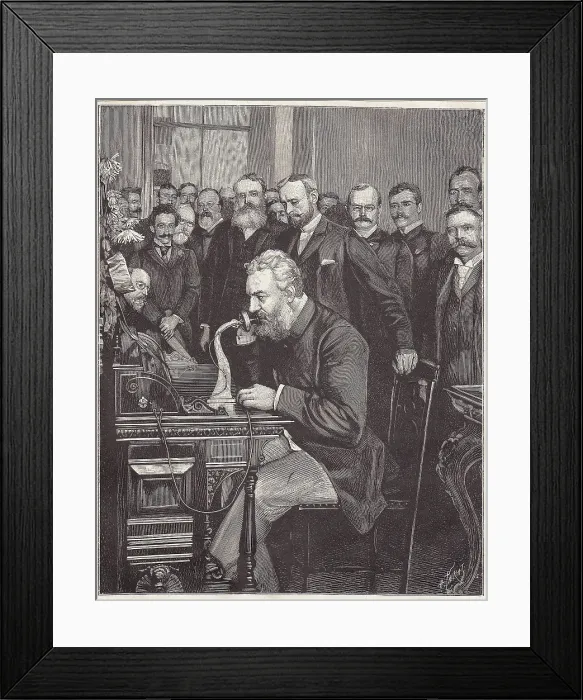 Framed Print : Graham Bell inaugurates the new telephone line from New York to Chicago, 1892. Creator: Thiriat, Henri (1843-1926) Framed Print : Graham Bell inaugurates the new telephone line from New York to Chicago, 1892. Creator: Thiriat, Henri (1843-1926)