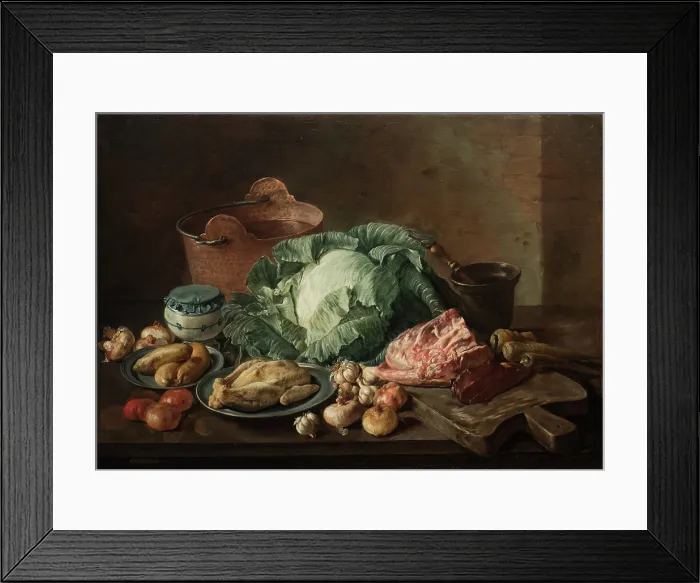 Framed Print : A kitchen still life with meat and vegetables on a table top. Creator: Ceruti, Giacomo Antonio (1698-1767) Framed Print : A kitchen still life with meat and vegetables on a table top. Creator: Ceruti, Giacomo Antonio (1698-1767)