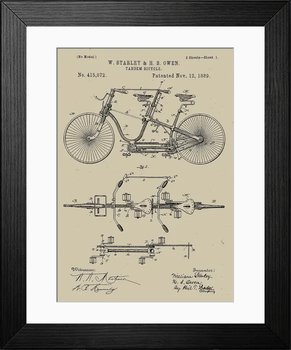 Framed Print : Tandem Bicycle 1889 Patent, 1889. Creator: W. Starley & H. S. Owen Framed Print : Tandem Bicycle 1889 Patent, 1889. Creator: W. Starley & H. S. Owen